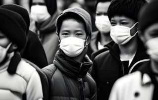 black white photo pf teenagers with white masks