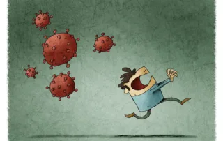 cartoon man running from viruses or flu variants