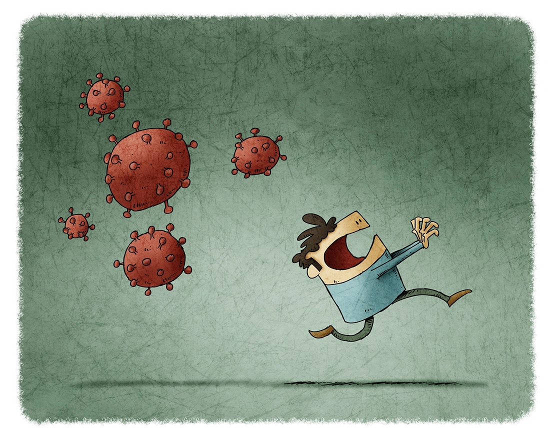 cartoon man running from viruses or flu variants