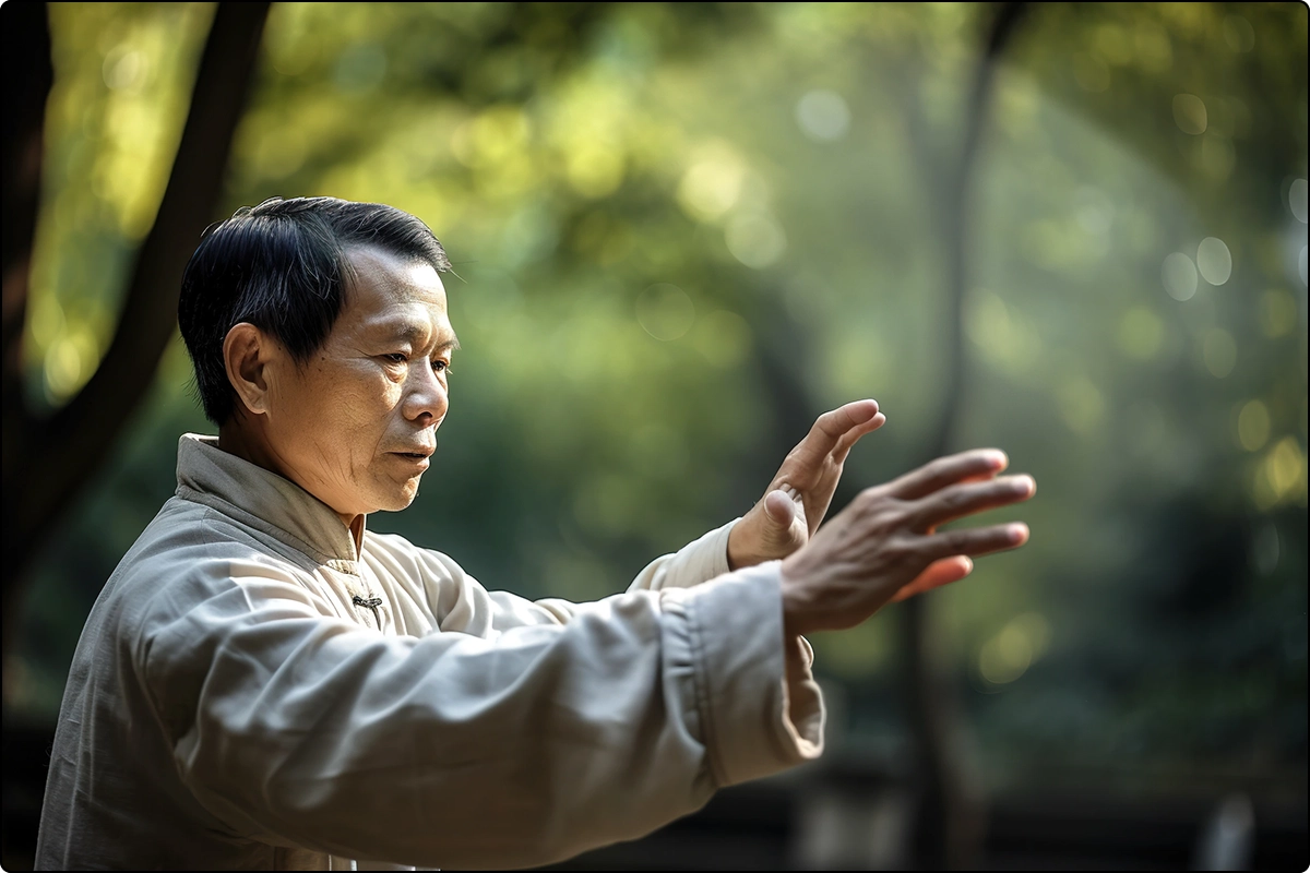 healthy elder asian man in nature sensing practicing taichi qigong