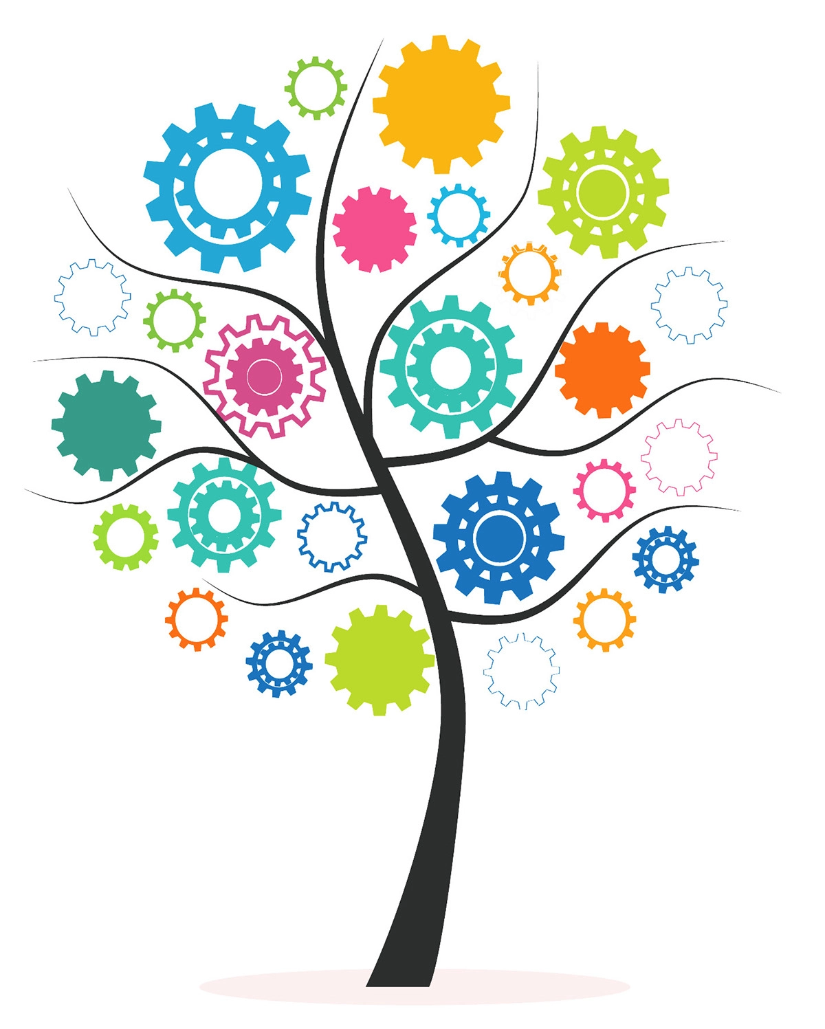 simple tree graphic with colorful cogs between the branches