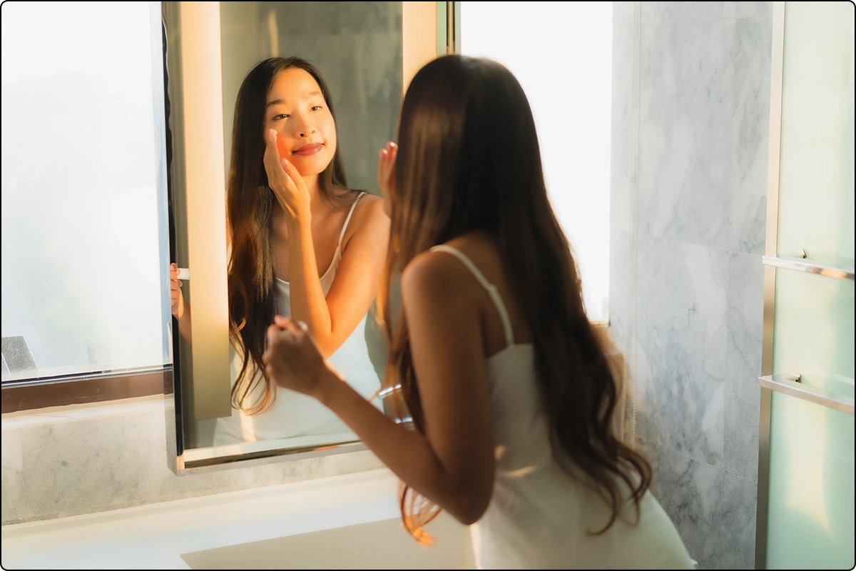 pretty Asian woman performing skin care and cleaning her face in front of bathroom mirror