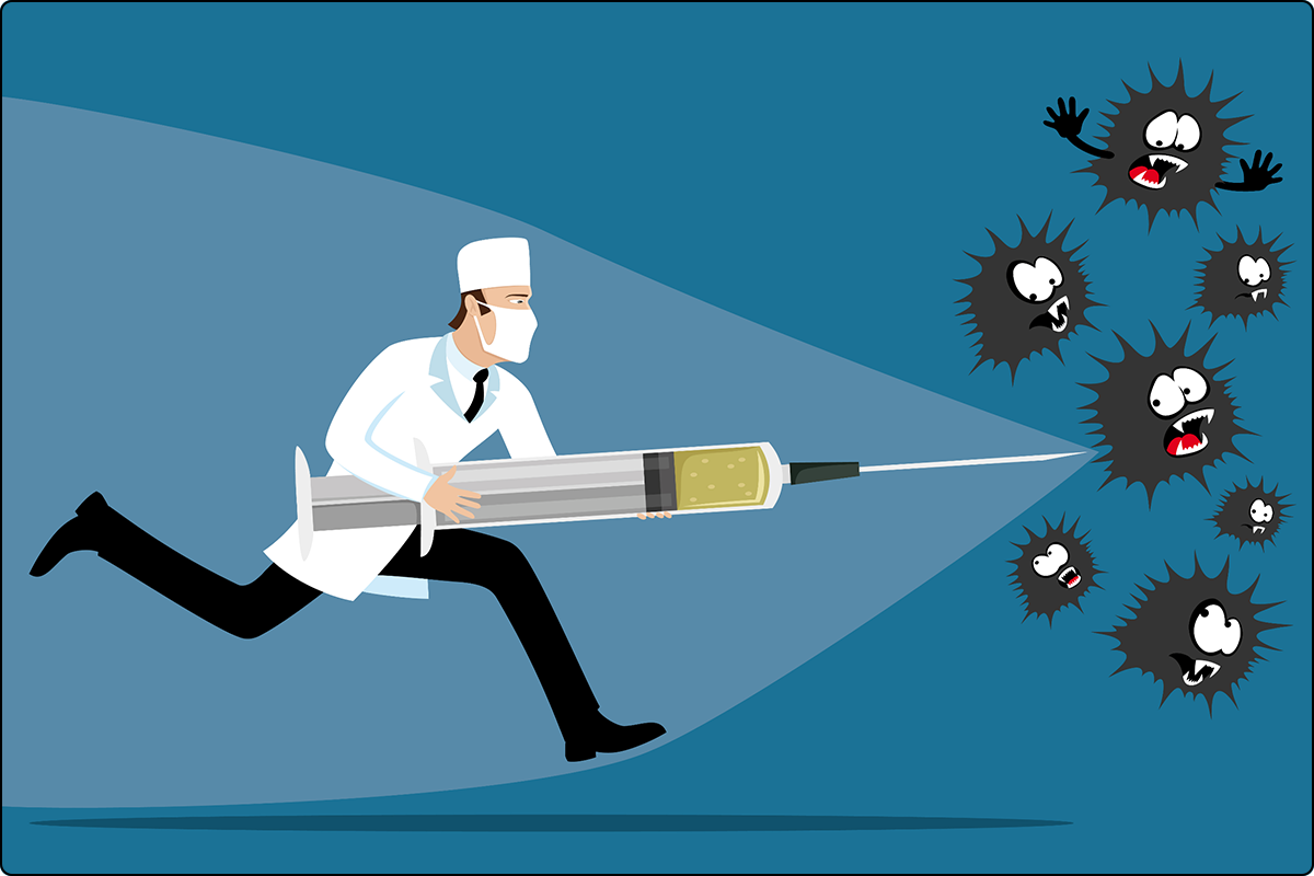 realistic cartoon drawing of doctor fighting germs and disease by holding giant 6foot syringe with both hands chasing spikey scared grey virus blobs