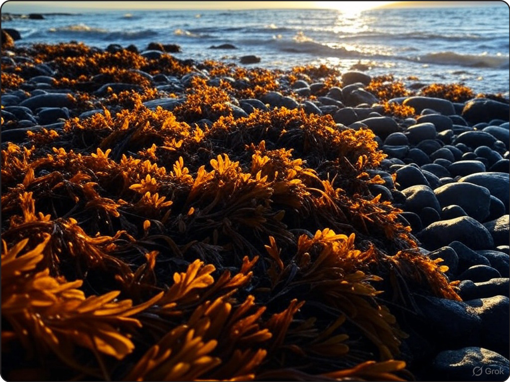 baldderwrack seaweed on rocks on the shore in afternoon sunlight