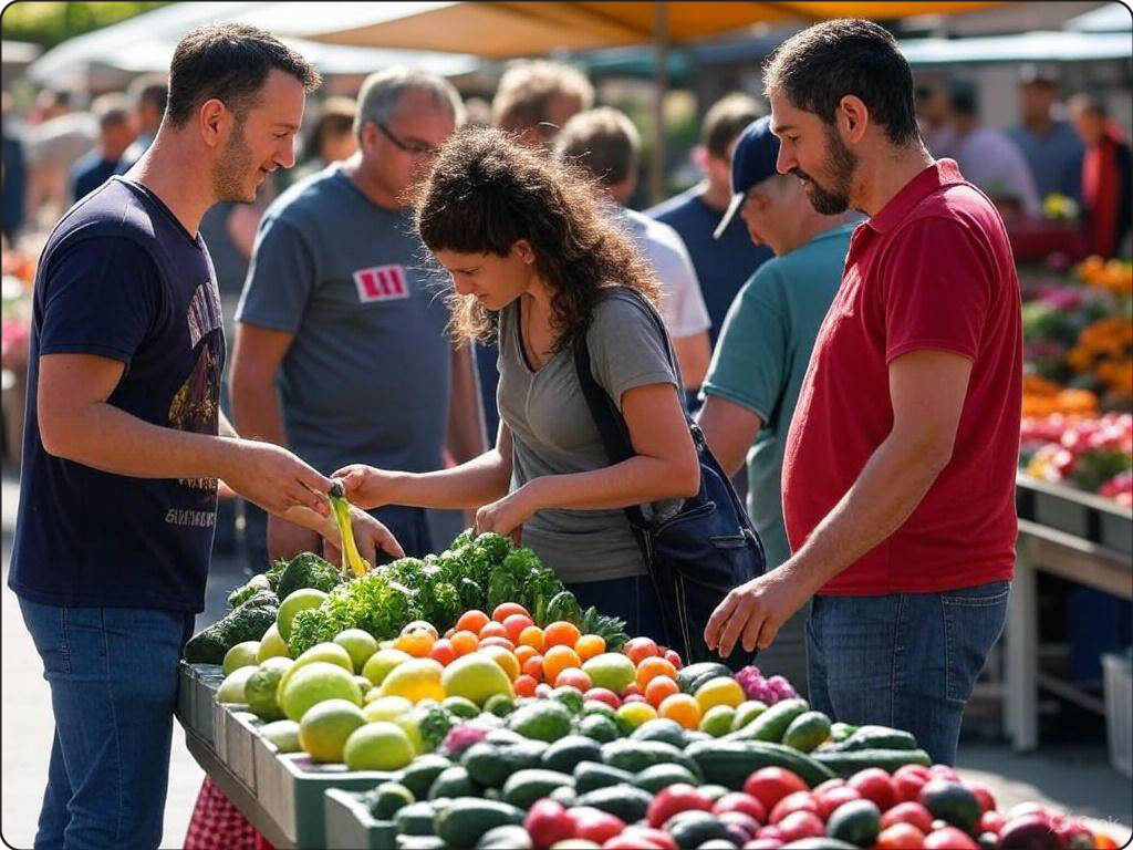 vegans shopping for produce at a local farmers market