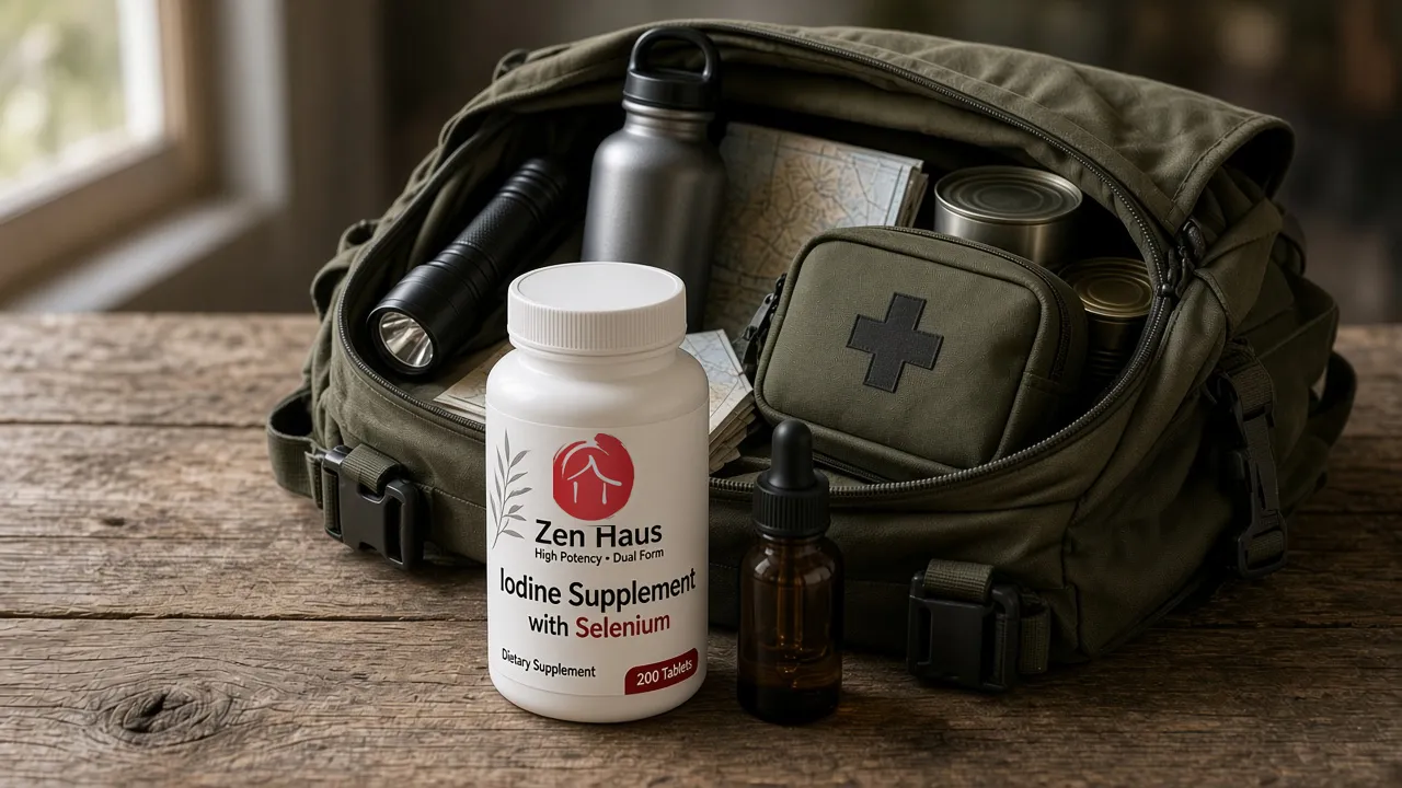 Emergency go-bag with a Zen Haus Iodine Supplement bottle and a liquid iodine dropper