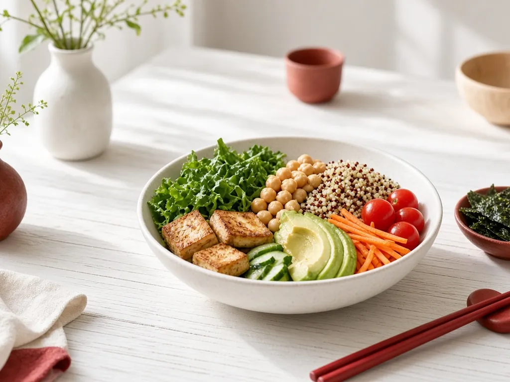 vegan plant-based bowl with greens, tofu, chickpeas, quinoa and seaweed